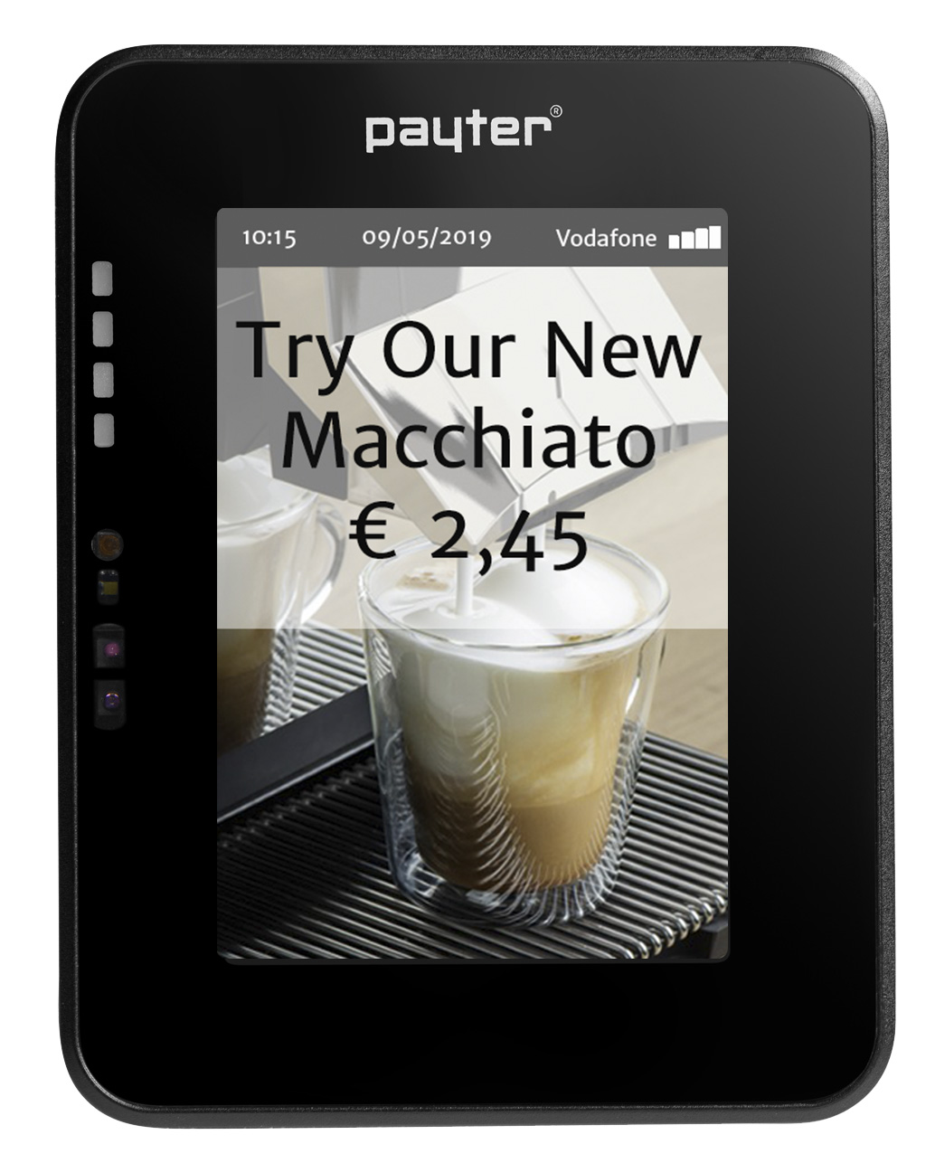 Apollo terminal showing a branded 'Try Our New Macchiato' ad — custom UI built by an integrator